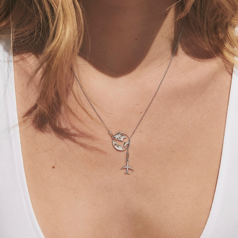 Necklace - Globe with crystal & plane, sterling silver 925 gold plated                                    