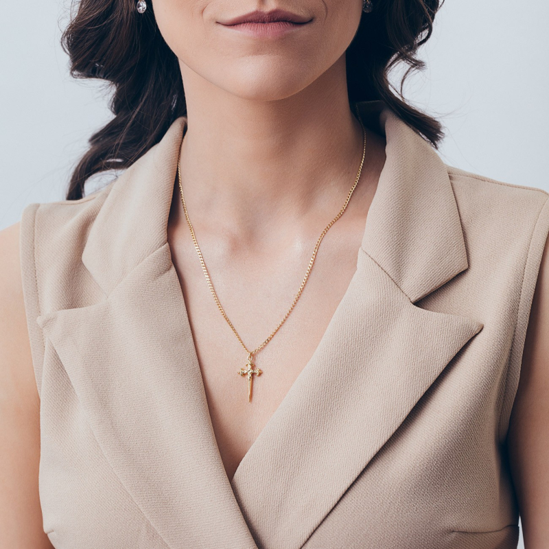 Necklace - dagger, cross, silver 925 with gold plating                                    