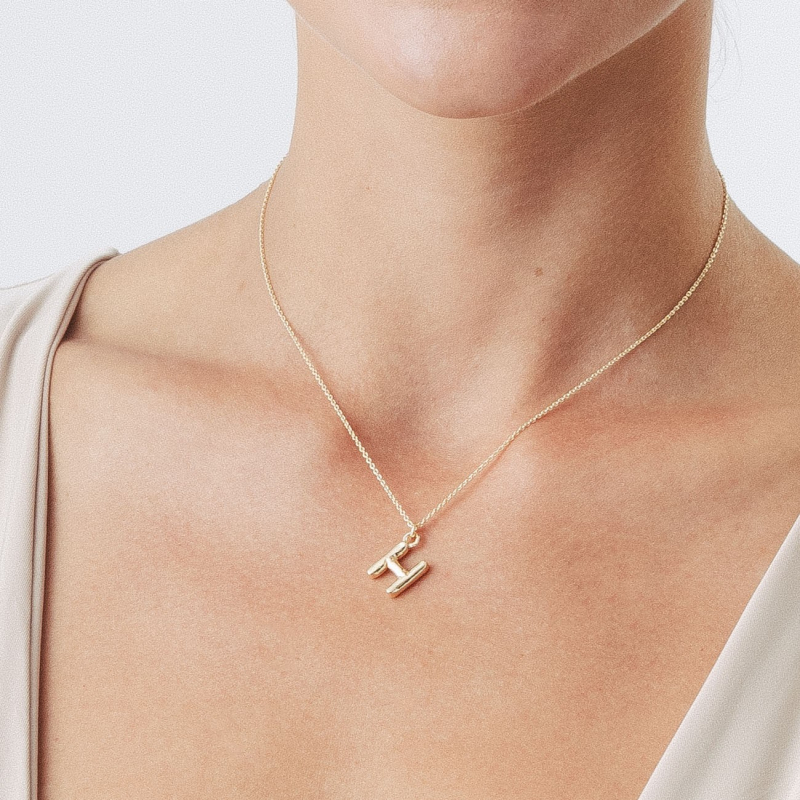 Necklace with puffed letter H, sterling silver 925 platinum plated                                    