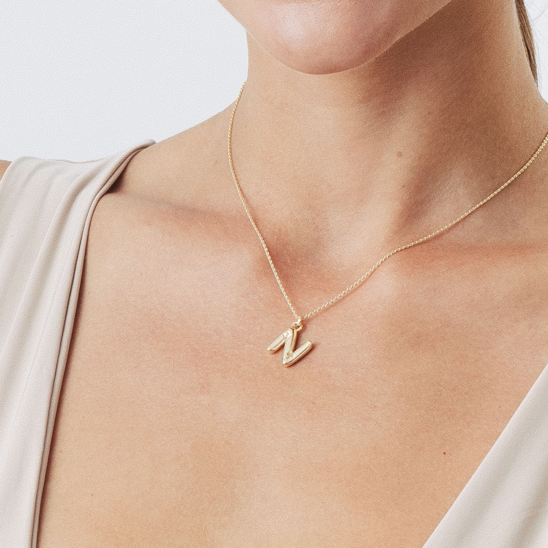 Necklace with puffed letter N, 925 silver with gold plating                                    