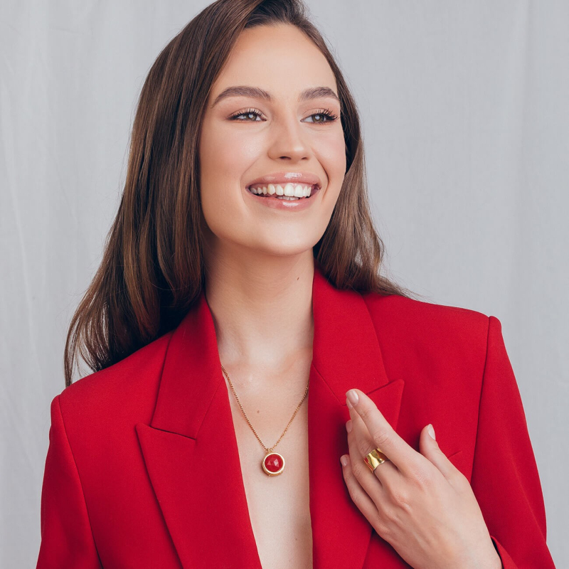 Locket pendant necklace, engraved & foto - red jade, silver 925 platinum plated                                    