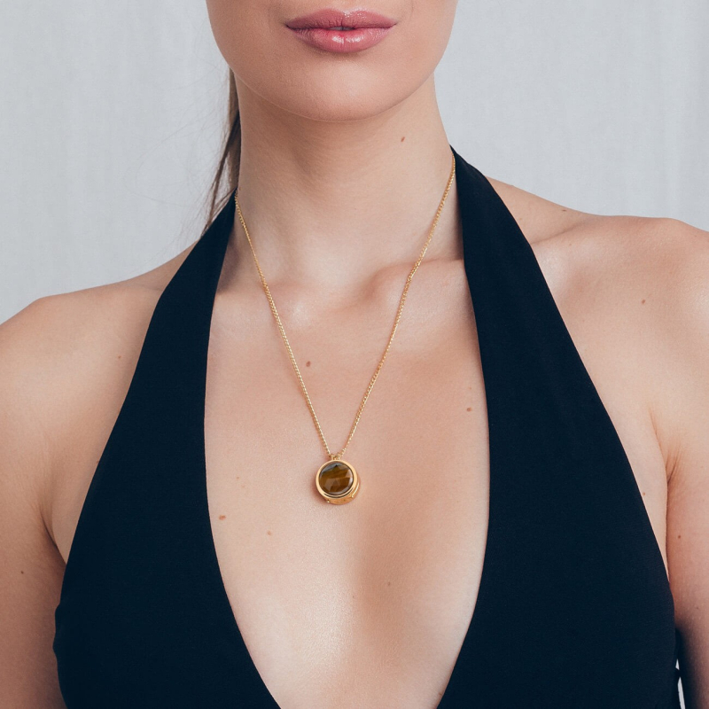 Locket pendant necklace, engraved & foto - tiger's eye, silver 925                                    