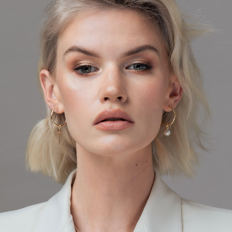 Asymmetric hoop earrings with pearl and cross, silver 925 platinum plated                                    