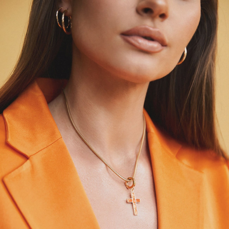 Silver chain with a cross - orange jade platinum plated                                    