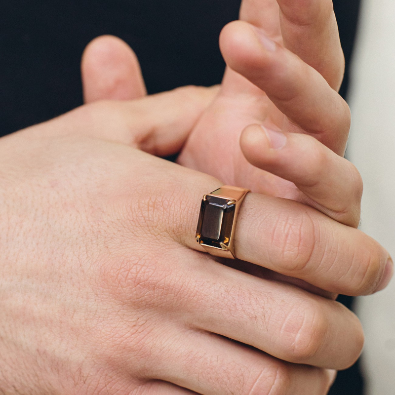 Silver men's signet ring with a natural stone - beer quartz, silver 925 in gold plating                                    