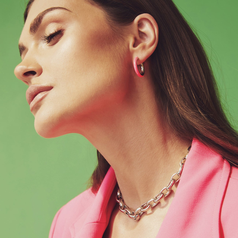 Medium enamel earrings - pink, silver 925 platinum plated                                    