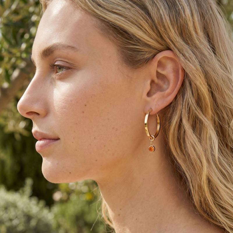 Hoop earrings with pendants - orange jade, silver 925 gold plated                                    