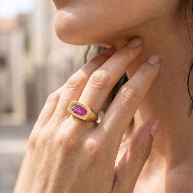 Silver ring with oval stone - pink jadeite, silver 925 platinum plated                                    