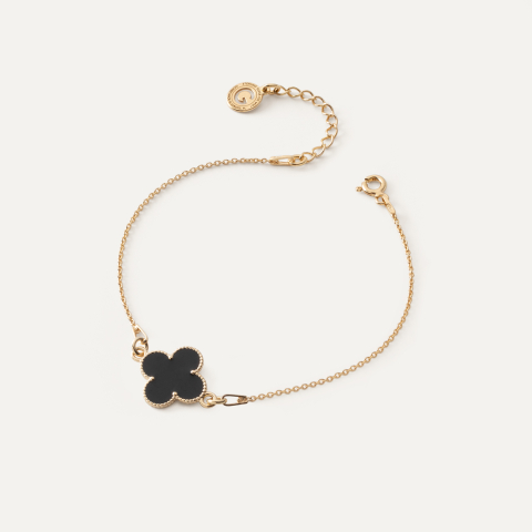Bracelet clover made of black resin, Sterling Silver 925, gold plated