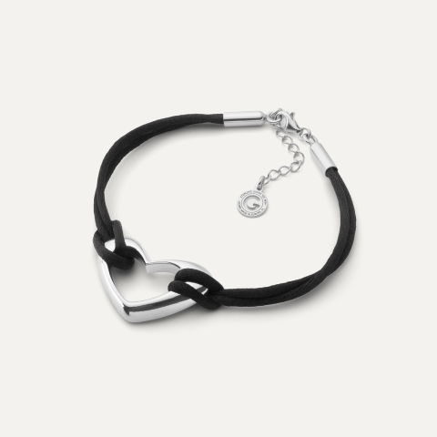 Black string bracelet with heart, sterling silver 925, platinum plated