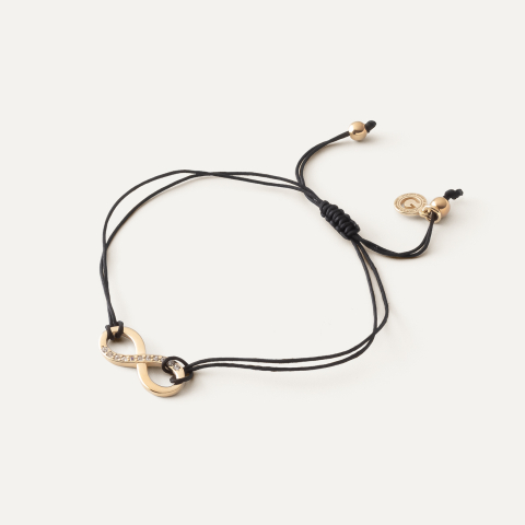Infinity bracelet with cubic zirconia on cord, 925 silver with gold plating