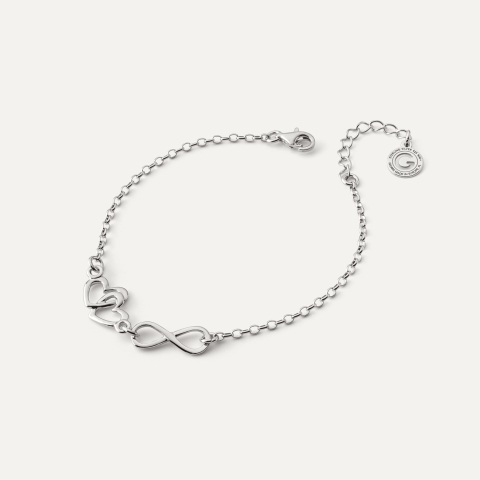 Adjustable Bracelet Hearts and Infinity, Sterling Silver 925 Plated with Platinum