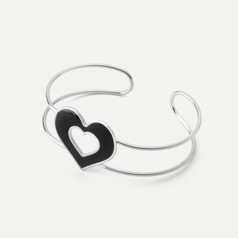 Black resin heart bracelet, sterling silver 925, platinum plated