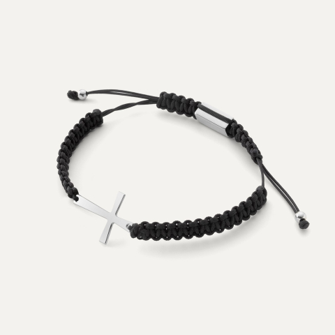 Cord bracelet with a crucifix, sterling silver 925 platinum plated