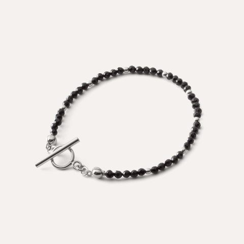 Bracelet with small black stones and toggle clasp, sterling silver 925 platinum plated