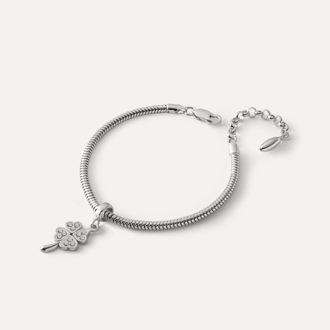 Bracelet with Beads Pendant – Clover with Cubic Zirconia and Stem, Sterling Silver 925 Plated with Platinum