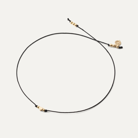 Black cord bracelet with heart, sterling silver 925, gold plated