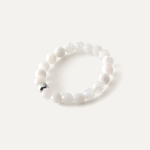 Elastic ring with white stones and bead, Sterling Silver 925 Plated with Platinum