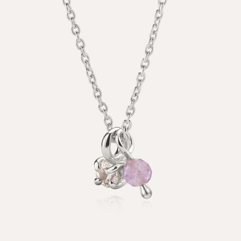 Classic necklace with cubic zirconia and amethyst jade, sterling silver 925 platinum plated