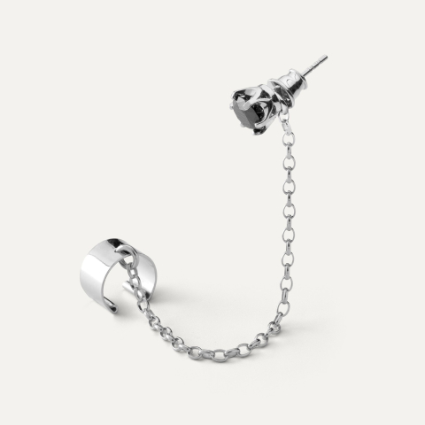 Earring with chain & 6 mm black diamond, silver 925 platinum plated