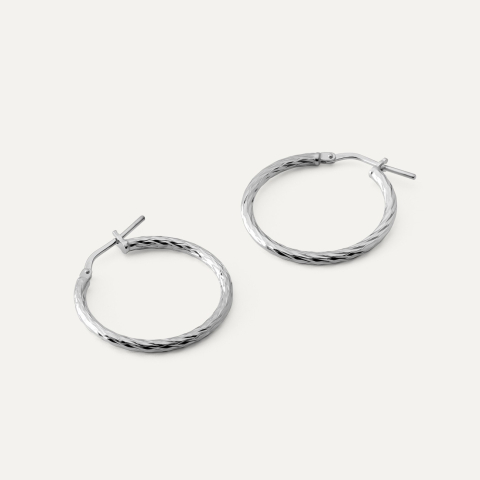 Medium, diamond hoop earrings with clasp, silver 925 platinum plated