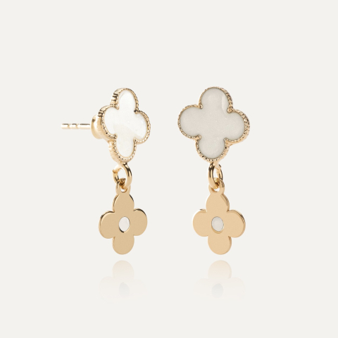 Earrings with white resin clover and hanging disc, 925 silver with gold plating