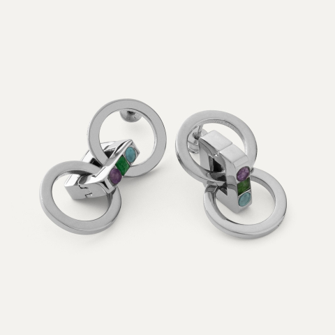 Silver geometric earrings - circles with natural stones platinum plated