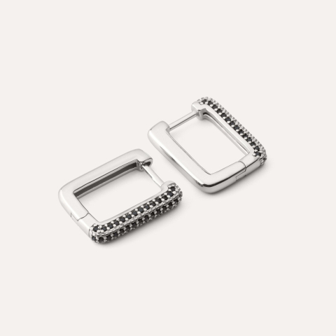 Rectangular earrings with black cubic zirconia, sterling silver 925 platinum plated