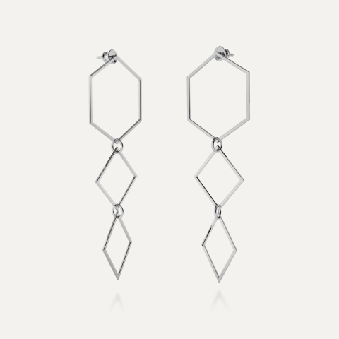 Long geometric earrings, sterling silver 925 platinum plated