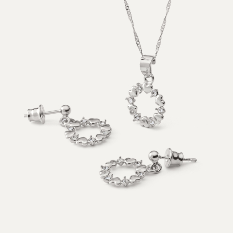 Necklace and Earrings Set – Heart Wreath with Zirconia, Sterling Silver 925 Plated with Platinum