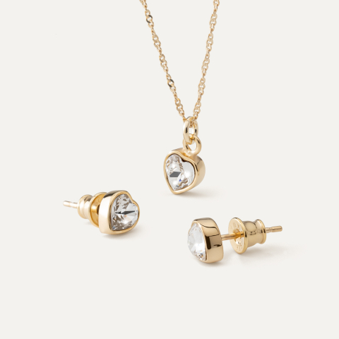 Set necklace and earrings with heart-shaped crystals, Sterling Silver 925, gold plated