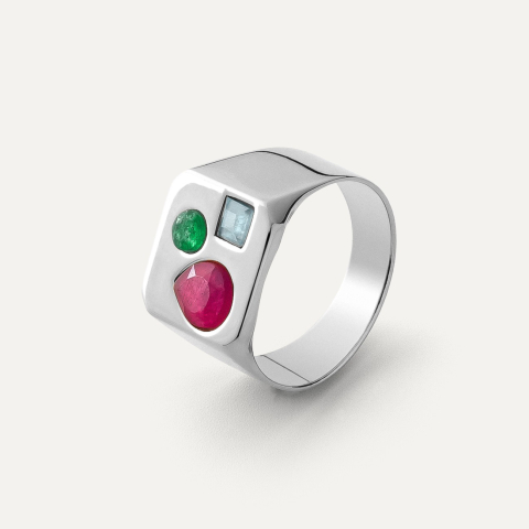 Square women's signet ring with colored stones, 925 silver with platinum plating