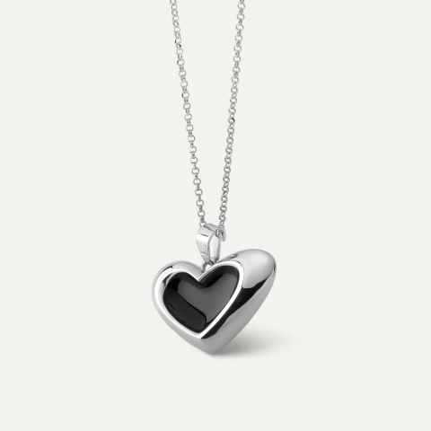 Black resin asymmetrical heart necklace, sterling silver 925, platinum plated