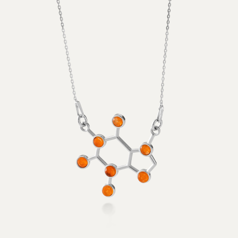 Caffeine necklace with stone - orange jade, silver 925 platinum plated