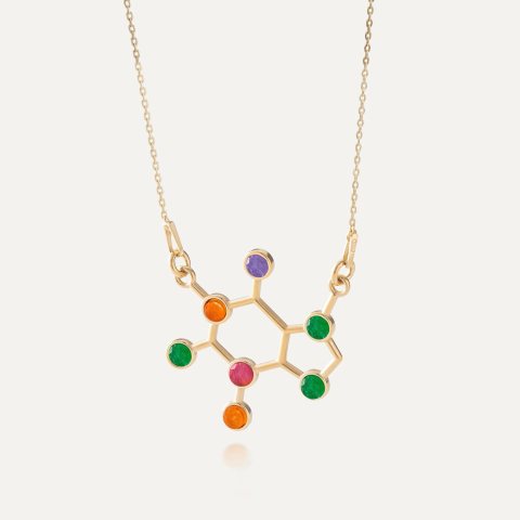 Caffeine necklace with colored stones, silver 925 gold plated