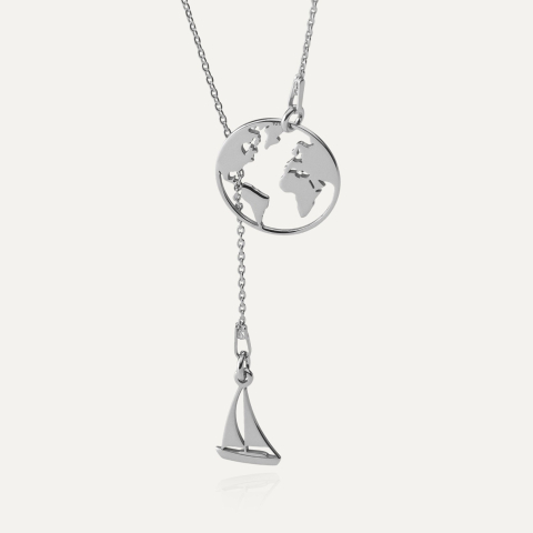 Globe sailboat necklace, 925 silver plated with platinum