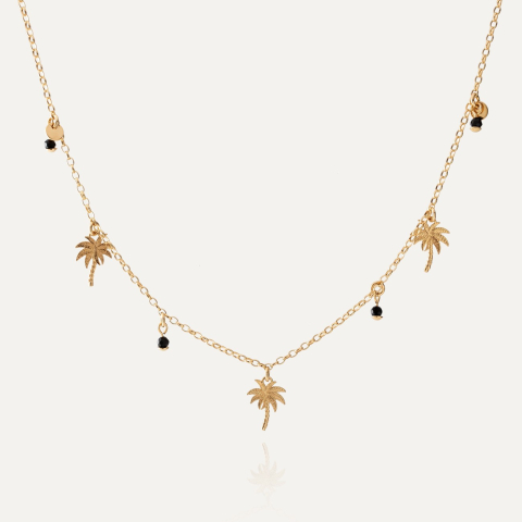 Palm tree necklace with black spinel, 925 silver with gold plating