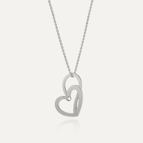 Necklace with double hearts and cubic zirconia, Sterling Silver 925 Plated with Platinum