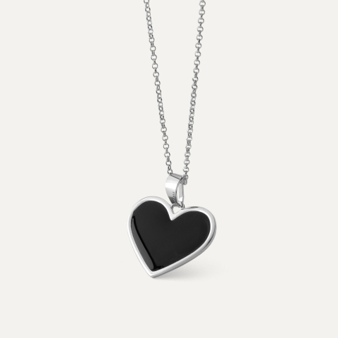 Black resin heart necklace, sterling silver 925, platinum plated