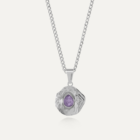 Talisman necklace with a gemstone - purple jadeite, sterling silver 925 platinum plated