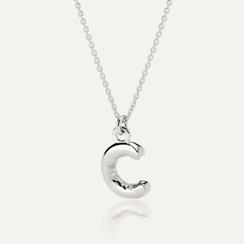 Necklace with puffed letter C, sterling silver 925 platinum plated