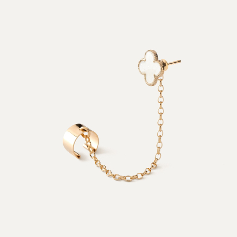 Ear cuff with white resin clover, 925 silver with gold plating