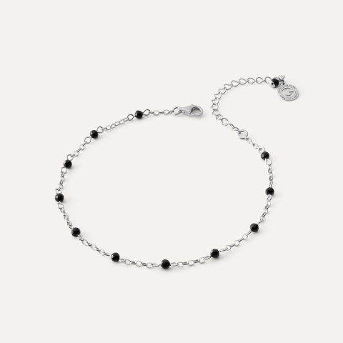 Black spinel stone ankle bracelet, sterling silver 925 platinum plated