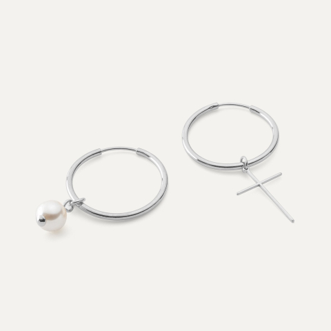 Asymmetric hoop earrings with pearl and cross, silver 925 platinum plated