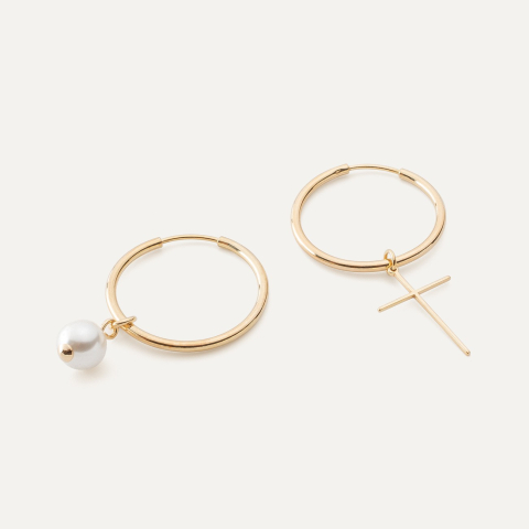 Asymmetric hoop earrings with pearl and cross, silver 925 gold plated