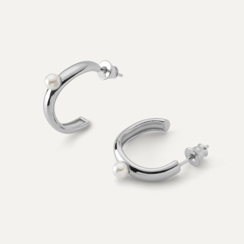 Silver semicircle earrings with pearl, sterling silver 925 platinum plated