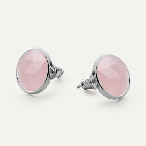 Silver stud earrings with Rose Cut stone - rose quartz platinum plated