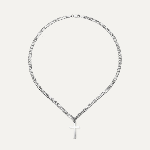 Rhombo chain with a cross, silver 925 platinum plated
