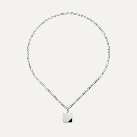 Silver men's square necklace - figaro chain, silver 925 platinum plated