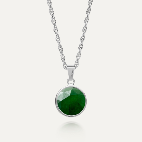 Silver necklace with Rose Cut stone - green jade platinum plated